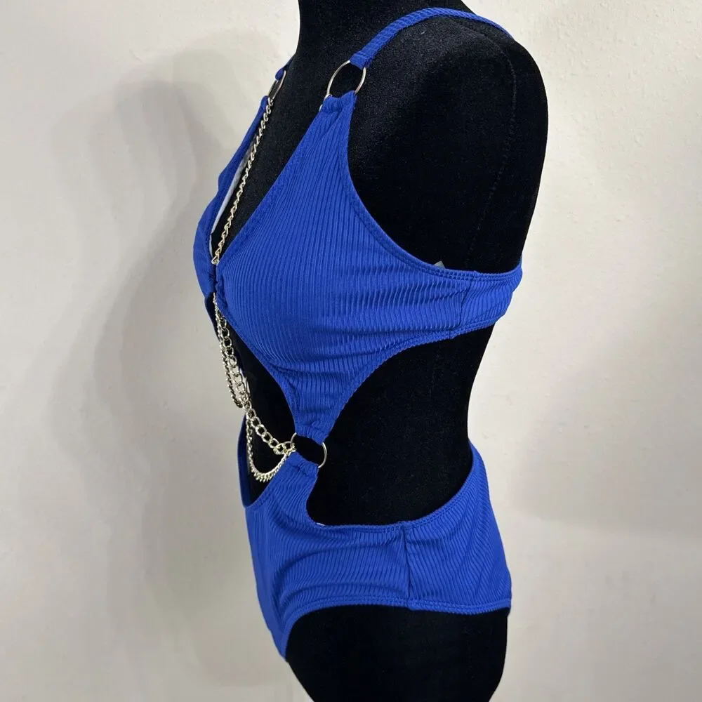 Swim Sexy Chain One Piece Bikini Swimsuit Women Large Blue Cutout Monokini Beach